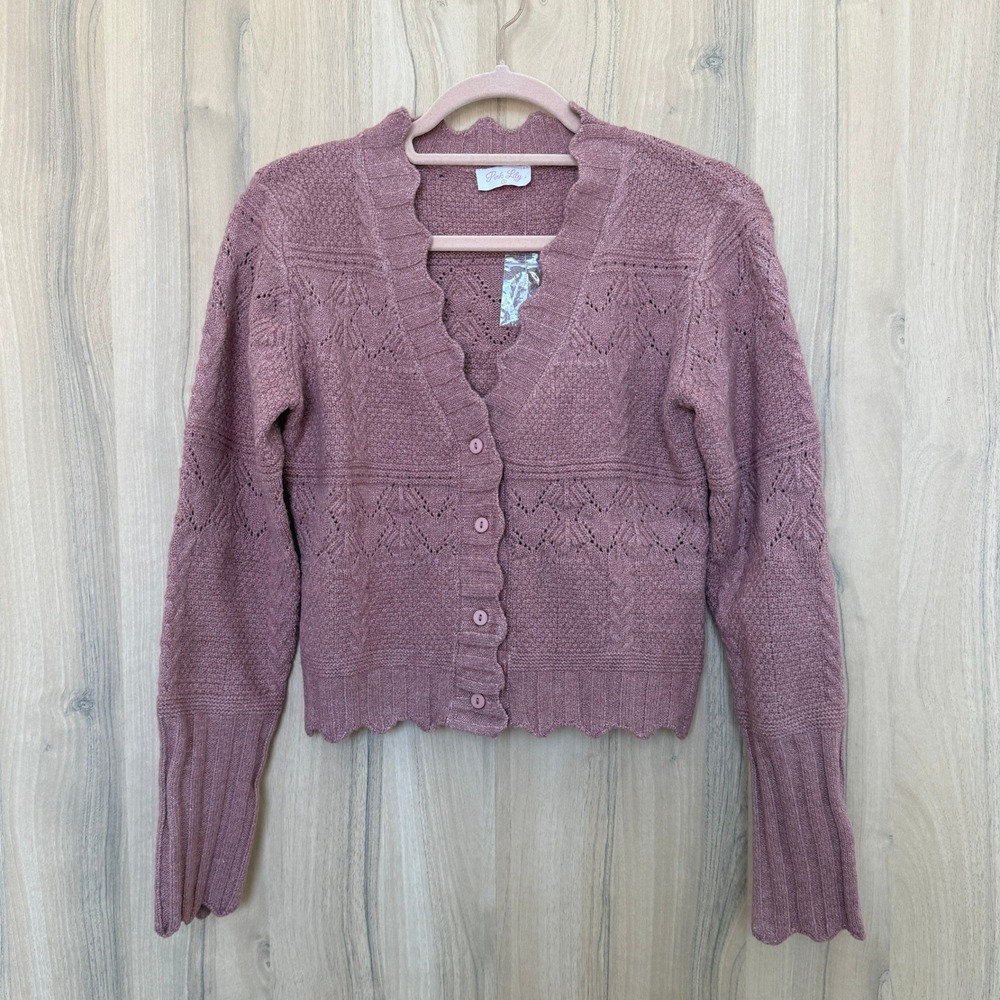 Pink Lily Cropped Cardigan Small Mauve Scalloped Knit Cottage Coquette Romantic
